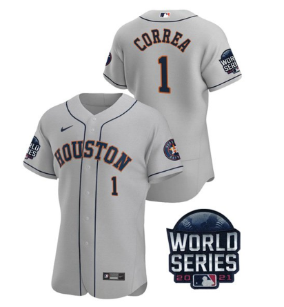 Men's Houston Astros #1 Carlos Correa 2021 Grey World Series Flex Base Stitched Baseball Jersey Men's Houston Astros #1 Carlos Correa 2021 Grey World Series Flex Base Stitched Baseball Jersey